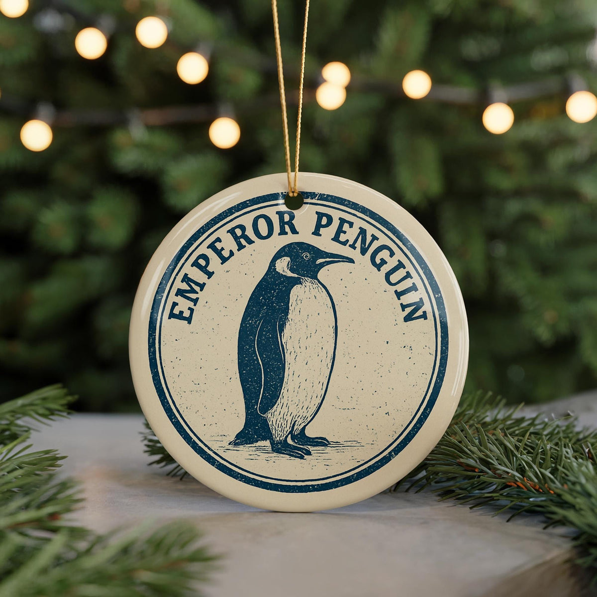 Emperor Penguin Ceramic Ornament – Circular Stamp Style Holiday Decor, Arctic Bird Christmas Tree Hanging Gift — photo 5