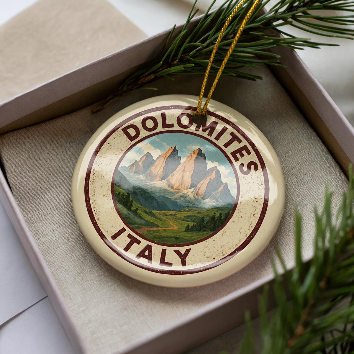 Dolomites Italy Ceramic Ornament – Circular Stamp Style Mountain Art, Travel Souvenir, Rustic Holiday Decoration — photo 3