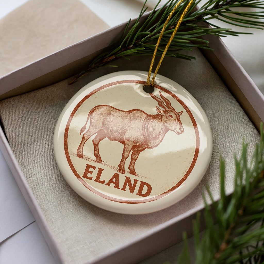 Eland Ceramic Ornament – Circular Wildlife Stamp Art, African Animal Christmas Decor, Rustic Safari Gift — photo 1