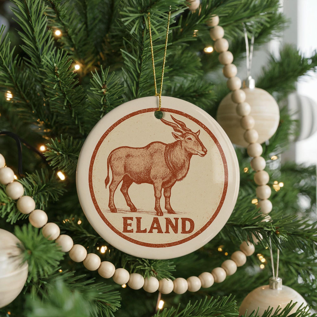 Eland Ceramic Ornament – Circular Wildlife Stamp Art, African Animal Christmas Decor, Rustic Safari Gift — photo 2