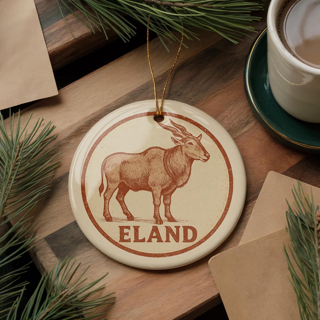 Eland Ceramic Ornament – Circular Wildlife Stamp Art, African Animal Christmas Decor, Rustic Safari Gift — photo 3