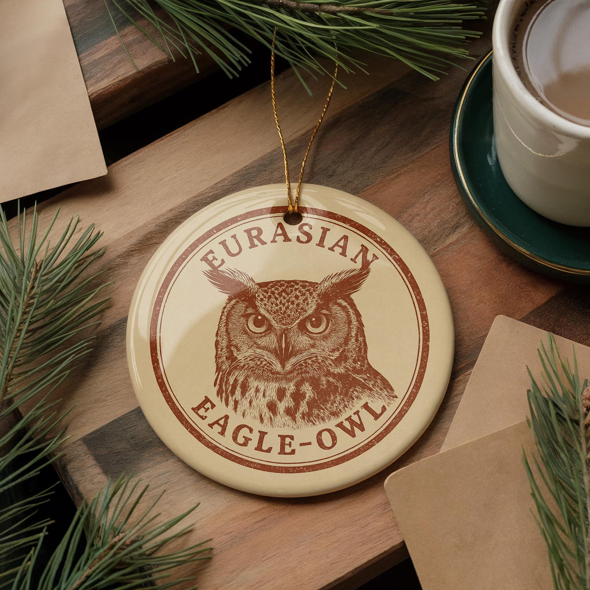 Eurasian Eagle-Owl Ceramic Ornament – Round Wildlife Art Bird Decoration, Rustic Nature-Inspired Stamp Style Gift — photo 1