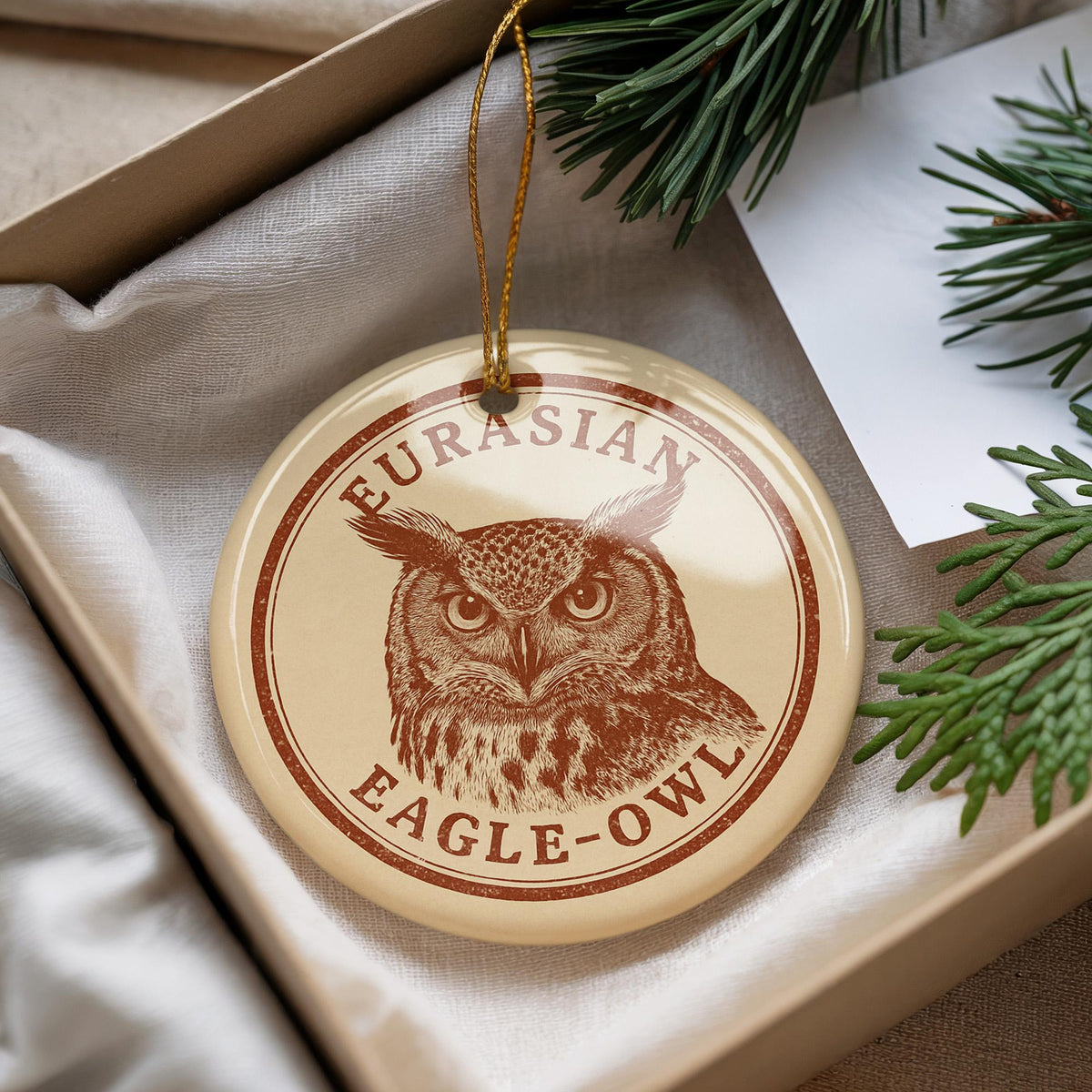 Eurasian Eagle-Owl Ceramic Ornament – Round Wildlife Art Bird Decoration, Rustic Nature-Inspired Stamp Style Gift — photo 2