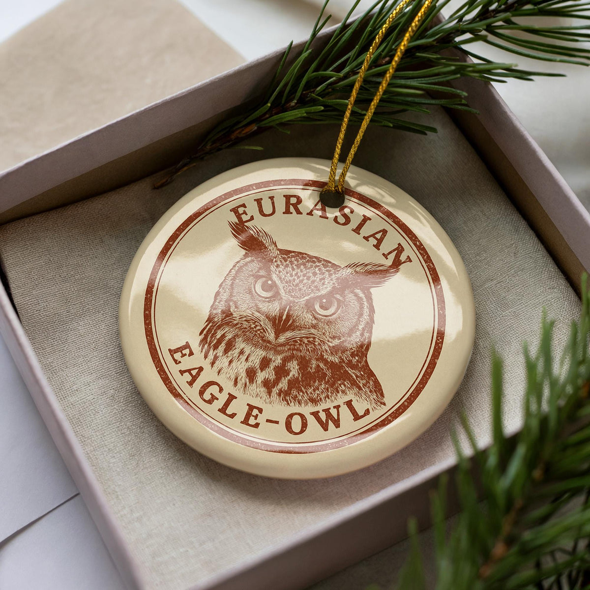 Eurasian Eagle-Owl Ceramic Ornament – Round Wildlife Art Bird Decoration, Rustic Nature-Inspired Stamp Style Gift — photo 4