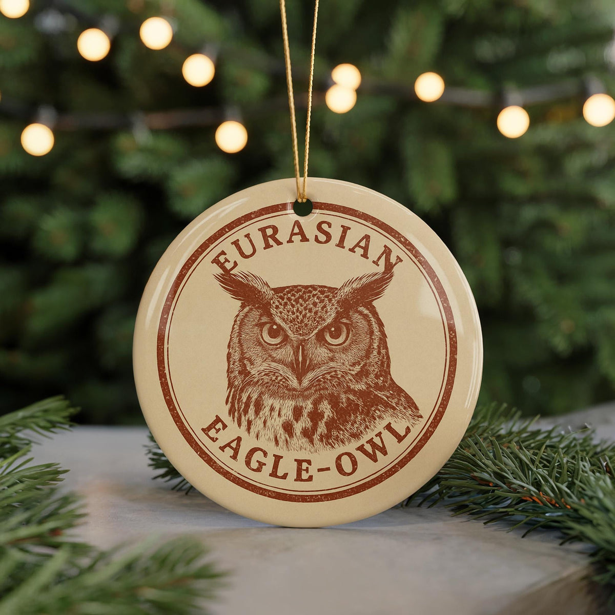 Eurasian Eagle-Owl Ceramic Ornament – Round Wildlife Art Bird Decoration, Rustic Nature-Inspired Stamp Style Gift — photo 5