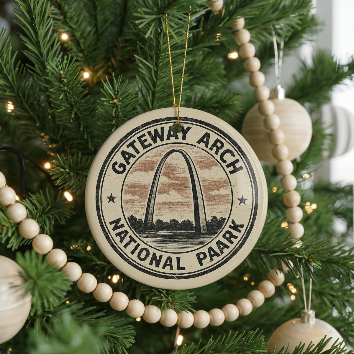 Gateway Arch National Park Ceramic Ornament – Circular Stamp Style Travel Souvenir, St. Louis Keepsake Gift — photo 1