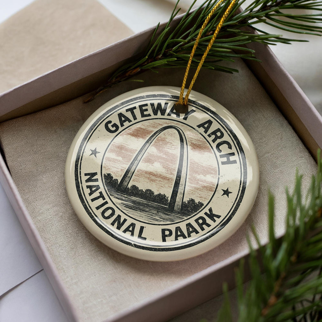 Gateway Arch National Park Ceramic Ornament – Circular Stamp Style Travel Souvenir, St. Louis Keepsake Gift — photo 3