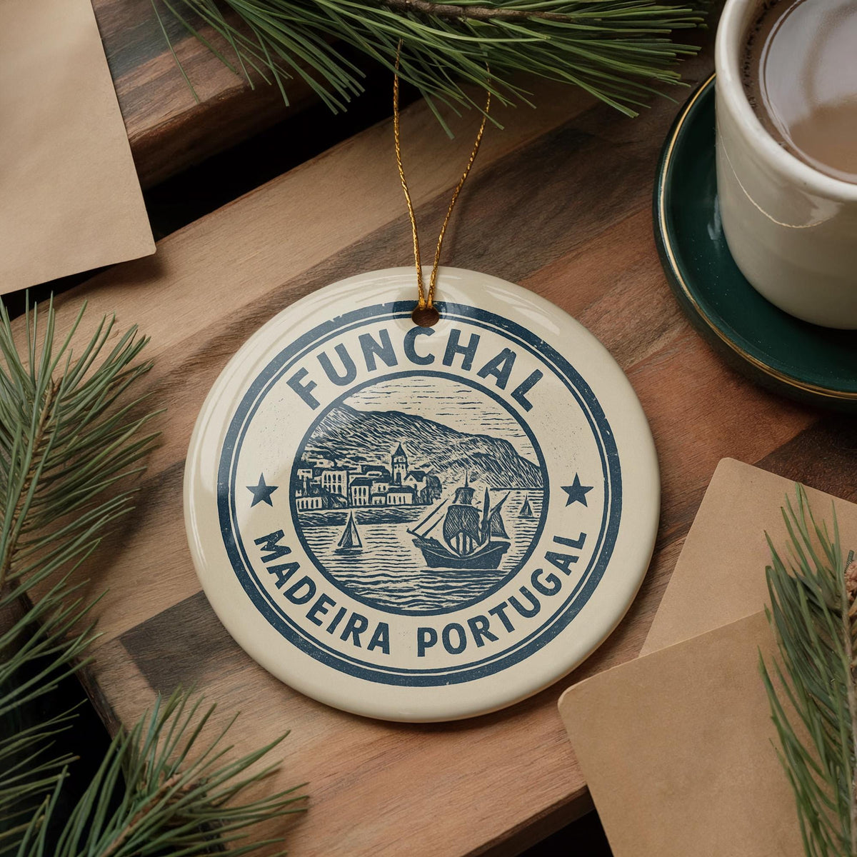 Funchal Madeira PO Ceramic Ornament – Vintage Circular Stamp Style Art, Portugal Souvenir Christmas Decor Keepsake — photo 1