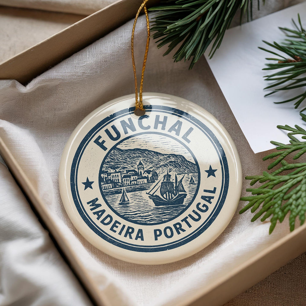 Funchal Madeira PO Ceramic Ornament – Vintage Circular Stamp Style Art, Portugal Souvenir Christmas Decor Keepsake — photo 2