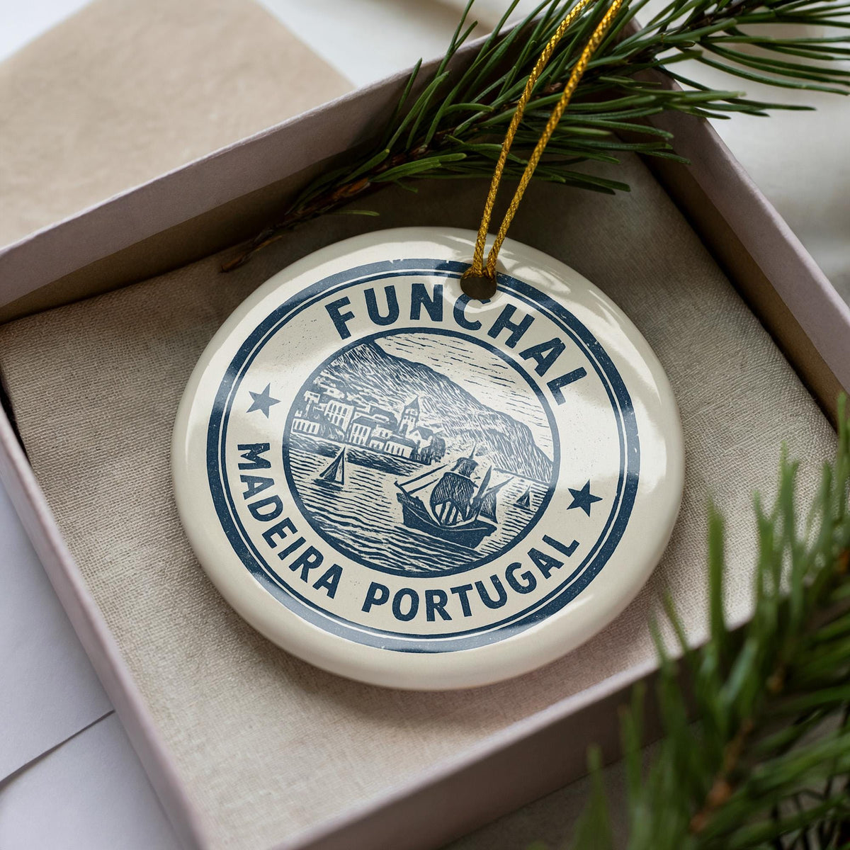 Funchal Madeira PO Ceramic Ornament – Vintage Circular Stamp Style Art, Portugal Souvenir Christmas Decor Keepsake — photo 3