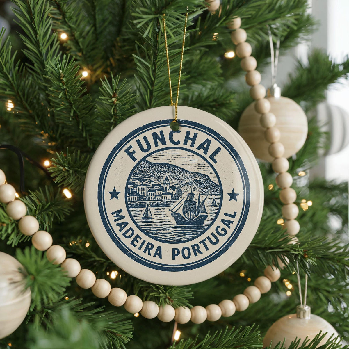 Funchal Madeira PO Ceramic Ornament – Vintage Circular Stamp Style Art, Portugal Souvenir Christmas Decor Keepsake — photo 4