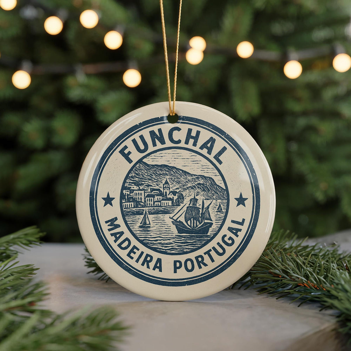 Funchal Madeira PO Ceramic Ornament – Vintage Circular Stamp Style Art, Portugal Souvenir Christmas Decor Keepsake — photo 5