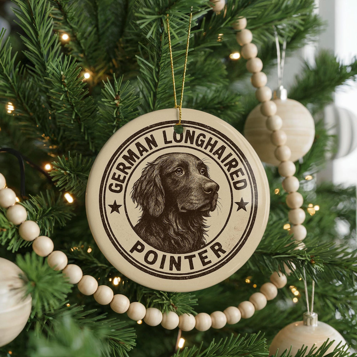 German Longhaired Pointer Ceramic Ornament – Circular Stamp Style Dog Art, Rustic Holiday Decor, Pet Lover Gift — photo 2