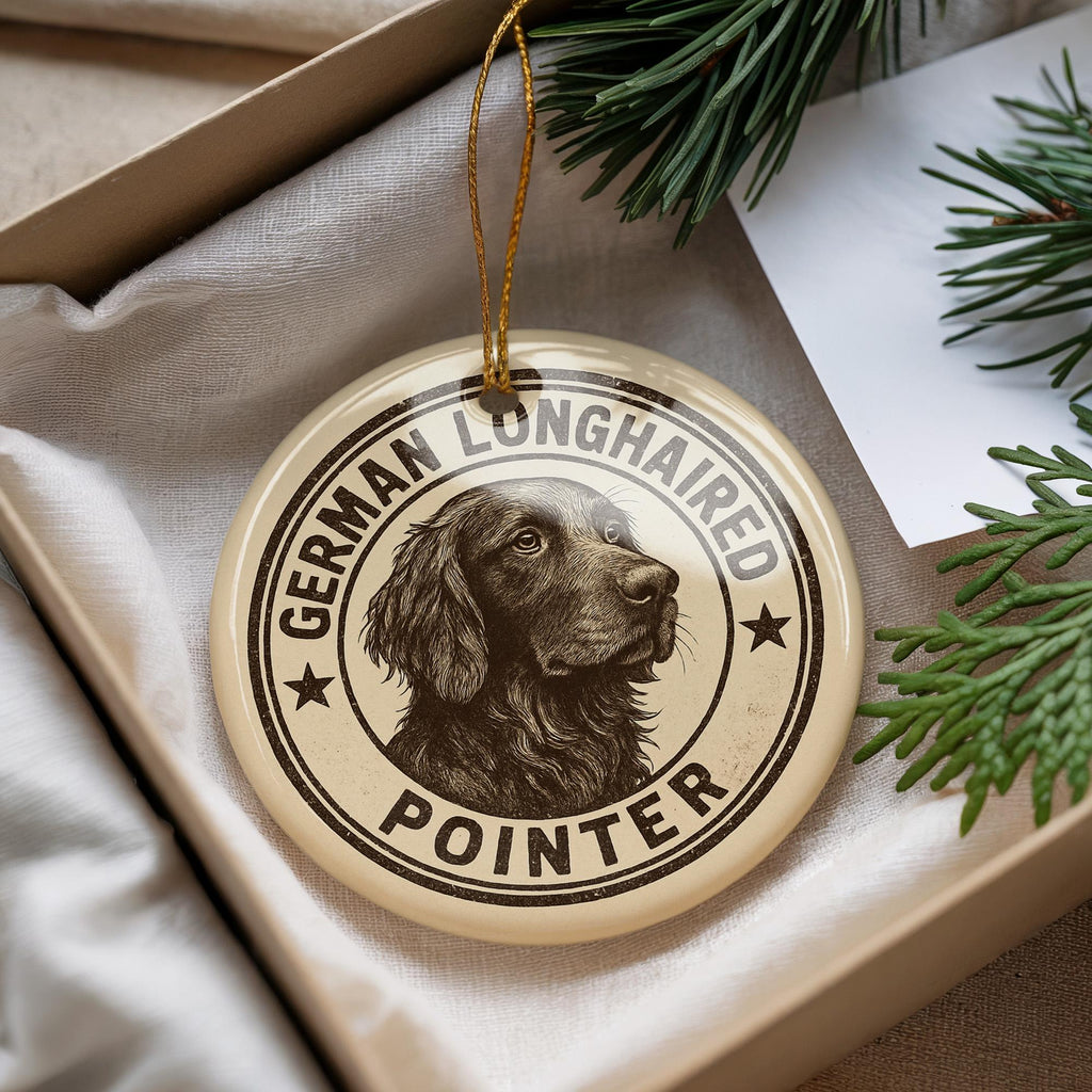 German Longhaired Pointer Ceramic Ornament – Circular Stamp Style Dog Art, Rustic Holiday Decor, Pet Lover Gift — photo 4