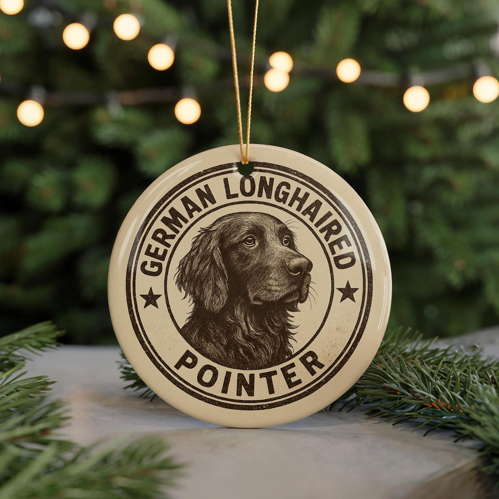 German Longhaired Pointer Ceramic Ornament – Circular Stamp Style Dog Art, Rustic Holiday Decor, Pet Lover Gift — photo 5