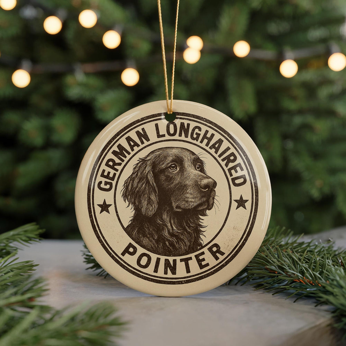 German Longhaired Pointer Ceramic Ornament – Circular Stamp Style Dog Art, Rustic Holiday Decor, Pet Lover Gift — photo 5