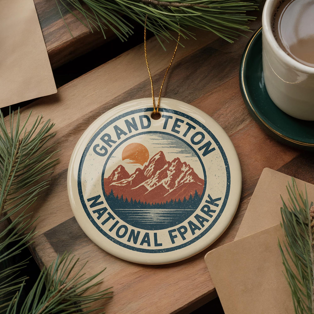 Grand Teton National Park Ceramic Ornament – Circular Stamp Style Art, Nature Mountain Scene Holiday Decoration Gift — photo 1