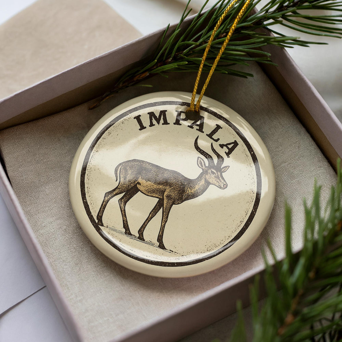 Impala Ceramic Ornament – African Wildlife Circular Stamp Art, Safari Animal Christmas Tree Decoration, Rustic Nature Gift — photo 3