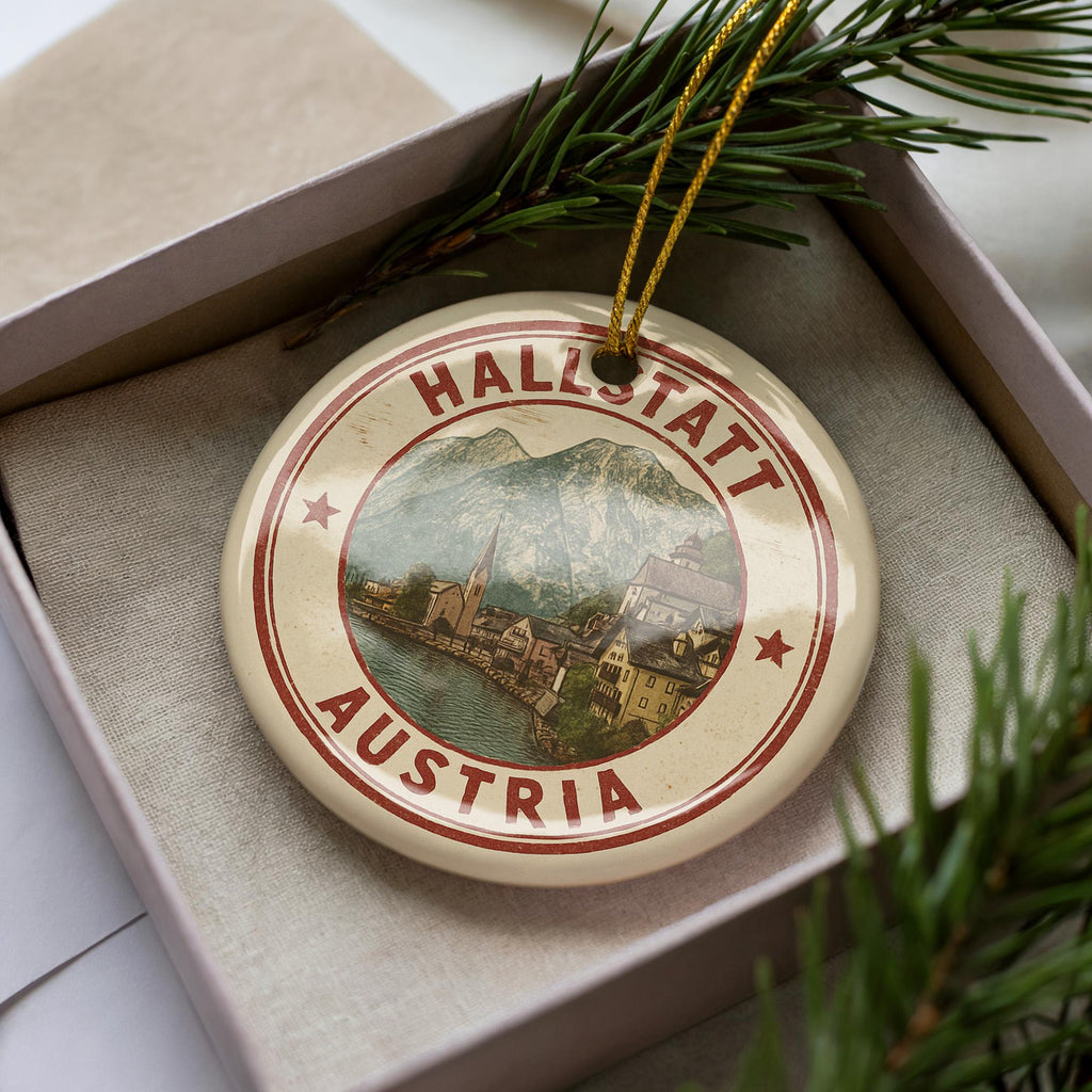 Hallstatt Austria Ceramic Ornament – Vintage Circular Stamp Style Travel Souvenir, European Village Christmas Decor — photo 1