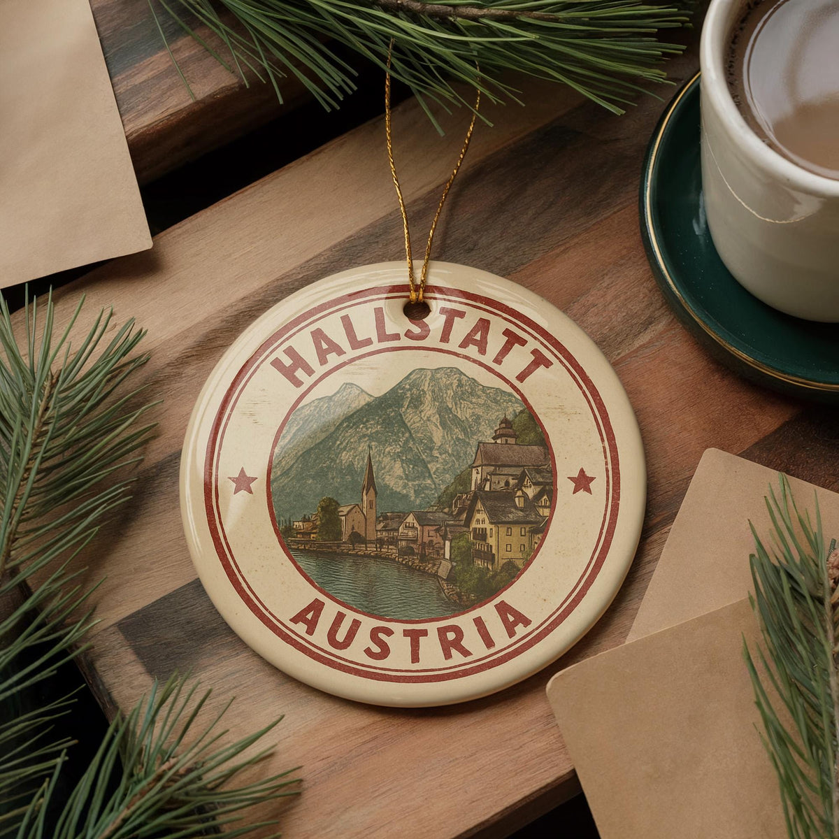 Hallstatt Austria Ceramic Ornament – Vintage Circular Stamp Style Travel Souvenir, European Village Christmas Decor — photo 2