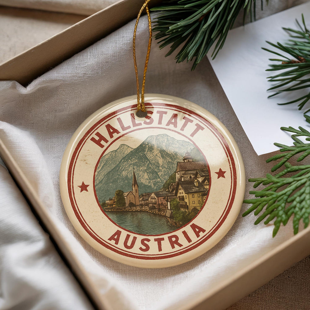 Hallstatt Austria Ceramic Ornament – Vintage Circular Stamp Style Travel Souvenir, European Village Christmas Decor — photo 3
