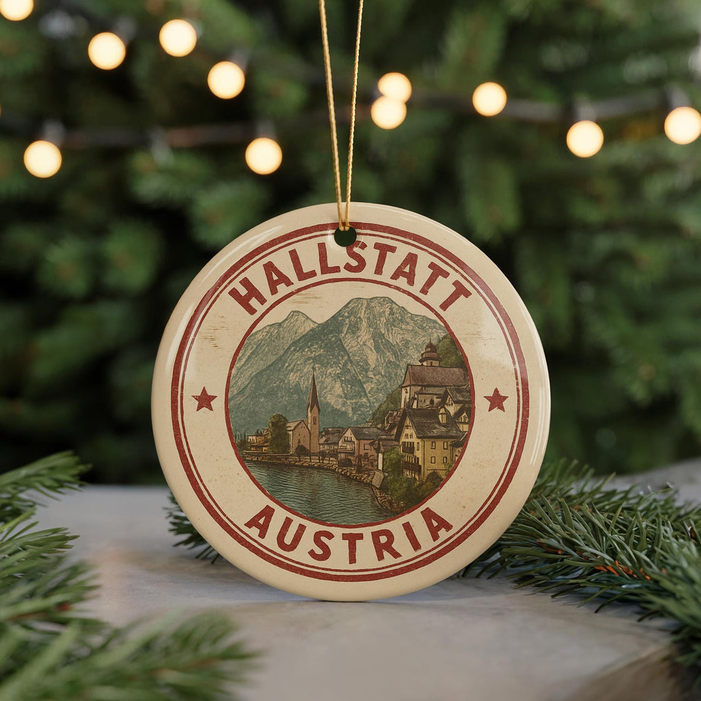 Hallstatt Austria Ceramic Ornament – Vintage Circular Stamp Style Travel Souvenir, European Village Christmas Decor — photo 5