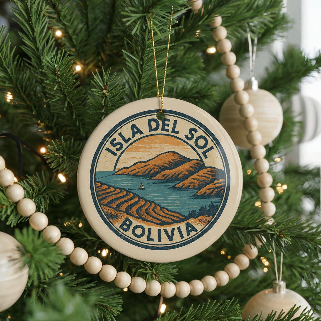 Isla del Sol Bolivia Ornament – Circular Stamp Style Ceramic Keepsake, Travel Souvenir, Bolivian Christmas Decoration — photo 1