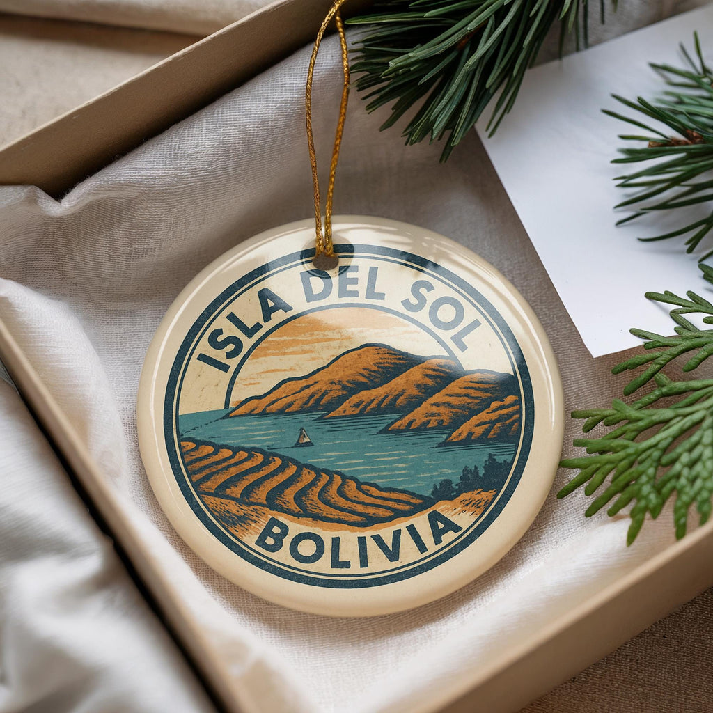 Isla del Sol Bolivia Ornament – Circular Stamp Style Ceramic Keepsake, Travel Souvenir, Bolivian Christmas Decoration — photo 2