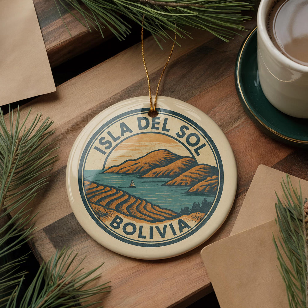 Isla del Sol Bolivia Ornament – Circular Stamp Style Ceramic Keepsake, Travel Souvenir, Bolivian Christmas Decoration — photo 3