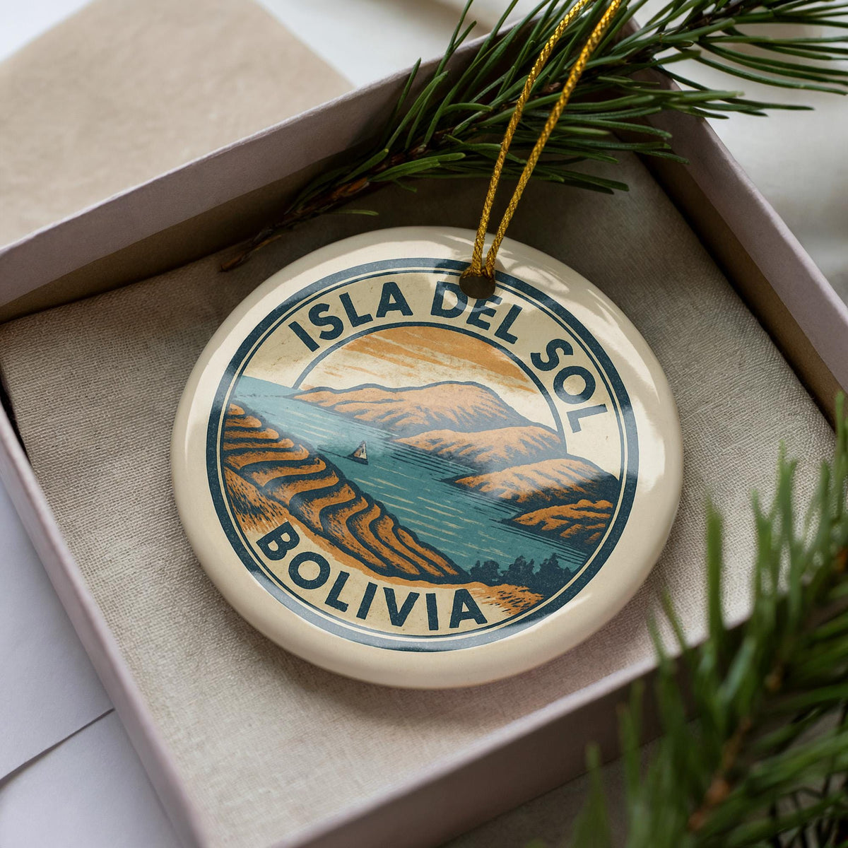 Isla del Sol Bolivia Ornament – Circular Stamp Style Ceramic Keepsake, Travel Souvenir, Bolivian Christmas Decoration — photo 4