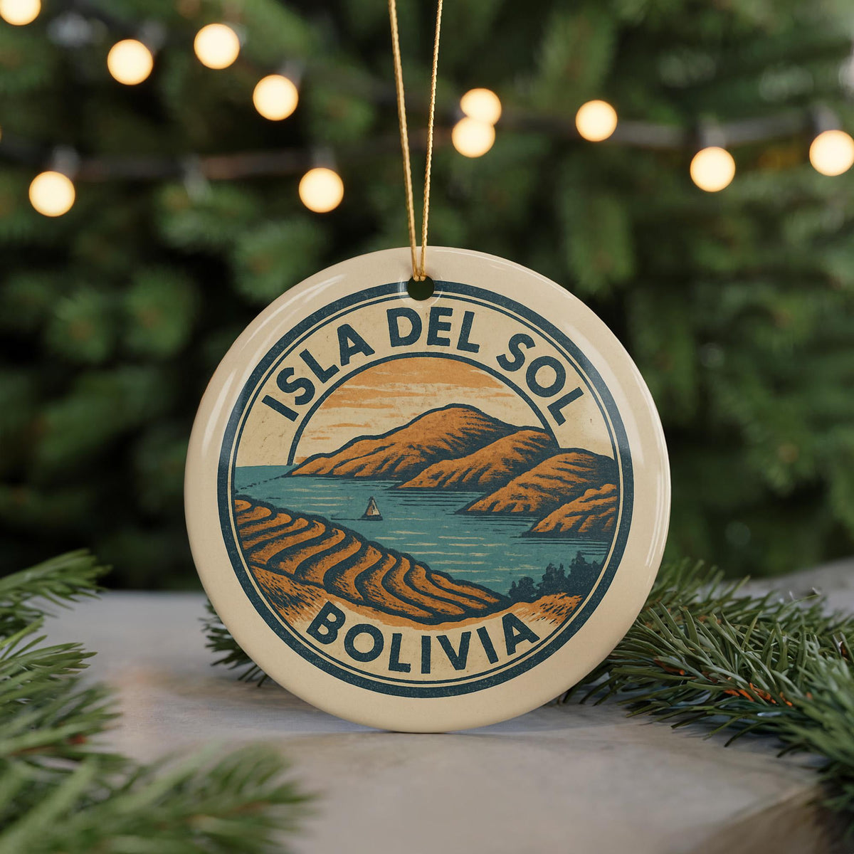 Isla del Sol Bolivia Ornament – Circular Stamp Style Ceramic Keepsake, Travel Souvenir, Bolivian Christmas Decoration — photo 5