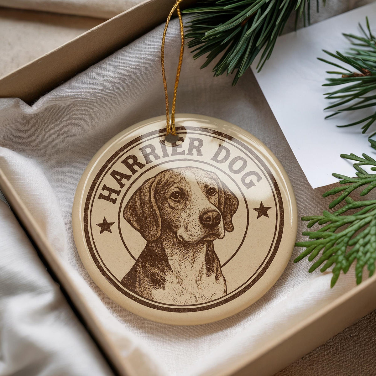 Harrier Dog Ceramic Ornament – Circular Stamp Style Dog Lover Gift, Rustic Pet Keepsake, Holiday Tree Decoration — photo 2