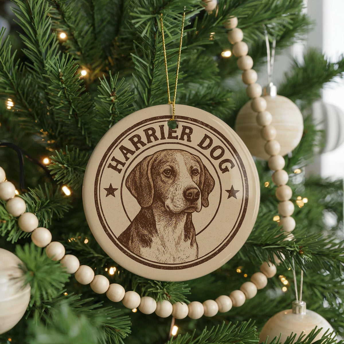 Harrier Dog Ceramic Ornament – Circular Stamp Style Dog Lover Gift, Rustic Pet Keepsake, Holiday Tree Decoration — photo 3