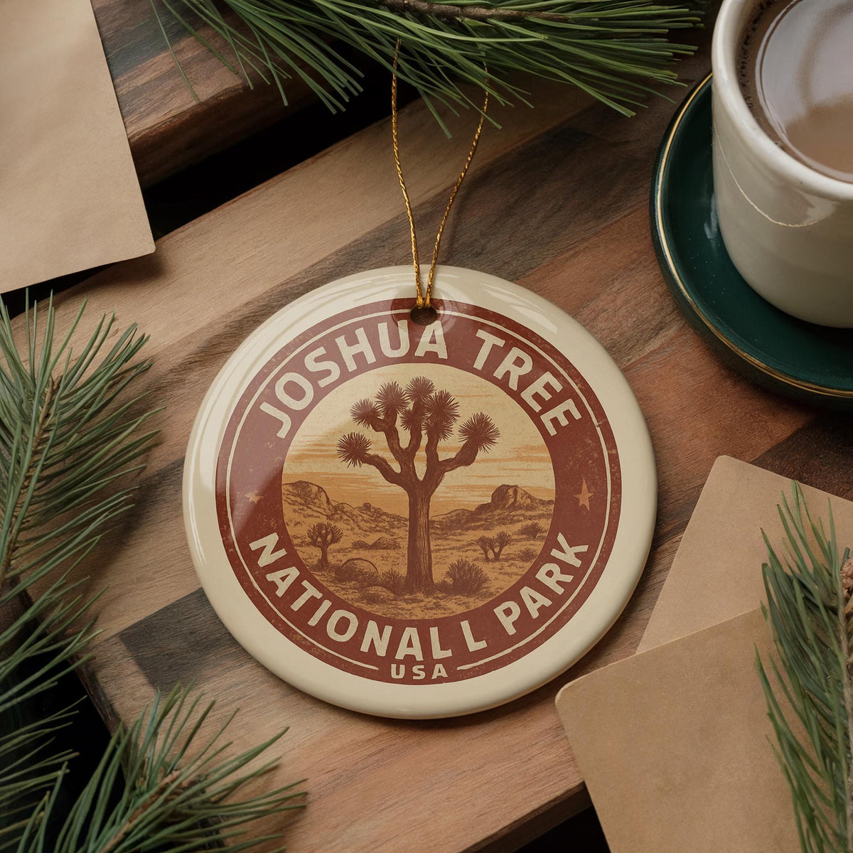 Joshua Tree National Park Ornament – Circular Stamp Style Ceramic Holiday Decor, Nature Lover Gift, Desert Landscape Art — photo 1