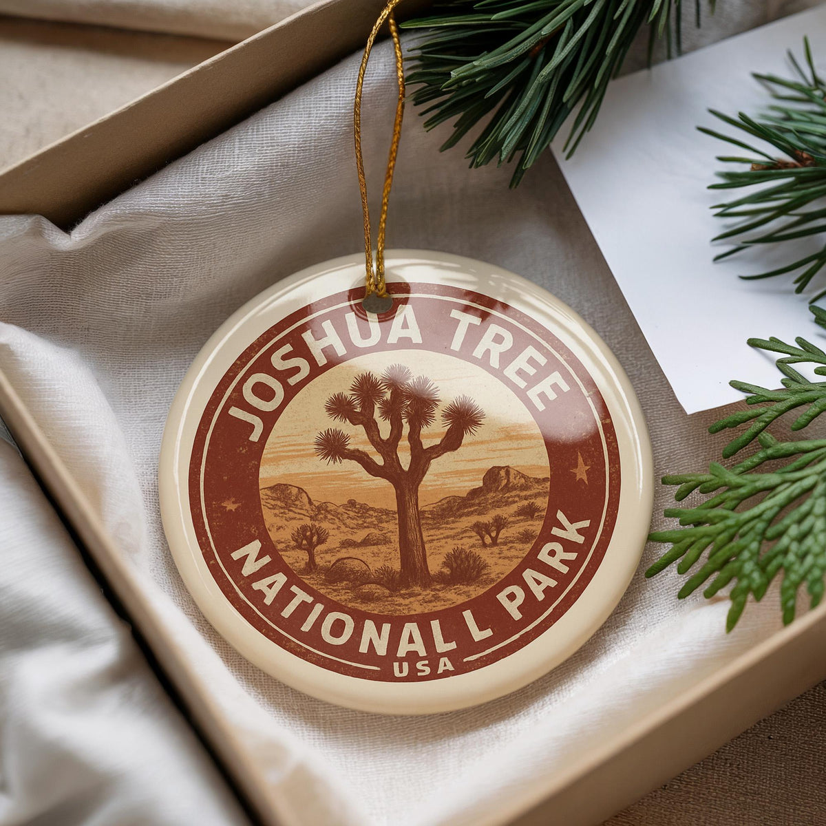 Joshua Tree National Park Ornament – Circular Stamp Style Ceramic Holiday Decor, Nature Lover Gift, Desert Landscape Art — photo 2
