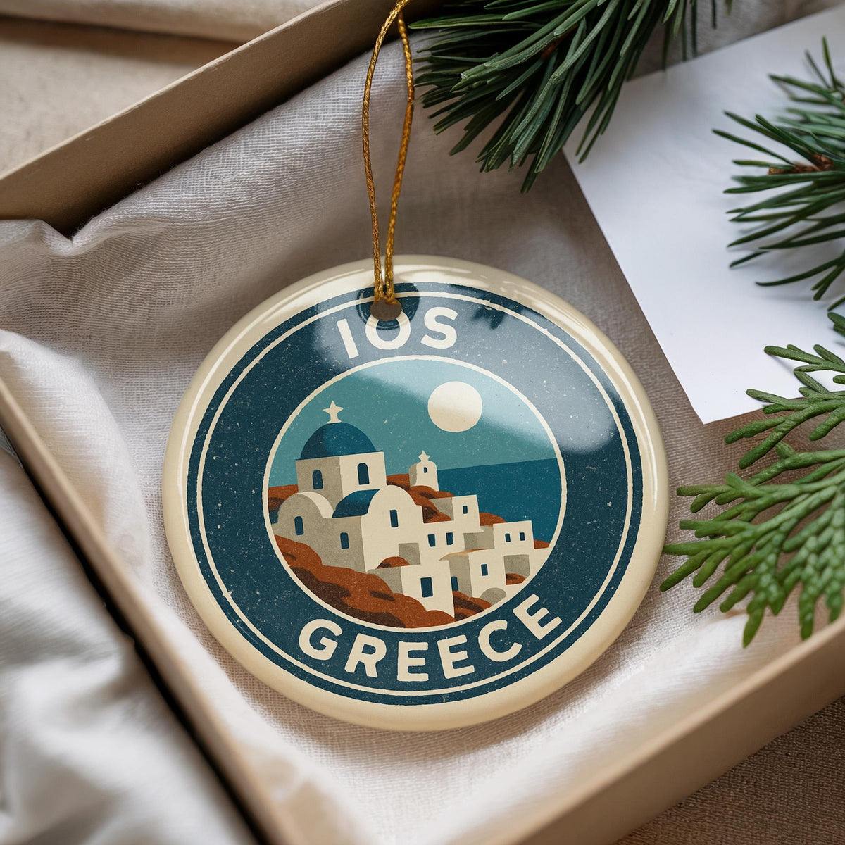 Ios Greece Ceramic Ornament – Circular Stamp Style Travel Souvenir, Greek Island Keepsake, Holiday Gift Decor — photo 1