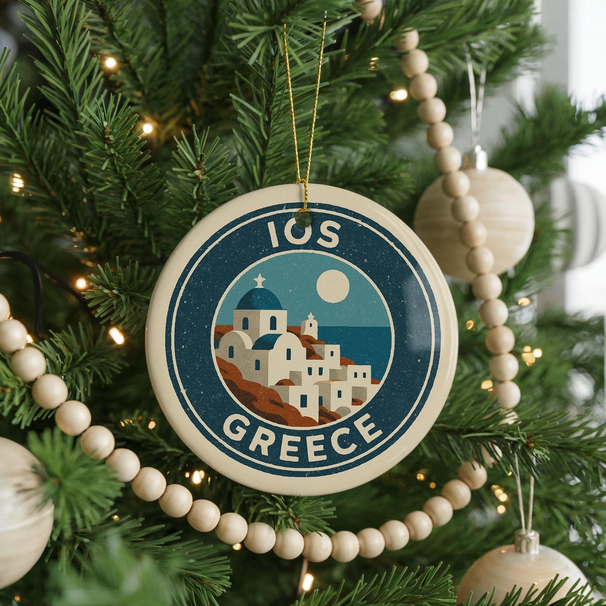 Ios Greece Ceramic Ornament – Circular Stamp Style Travel Souvenir, Greek Island Keepsake, Holiday Gift Decor — photo 4