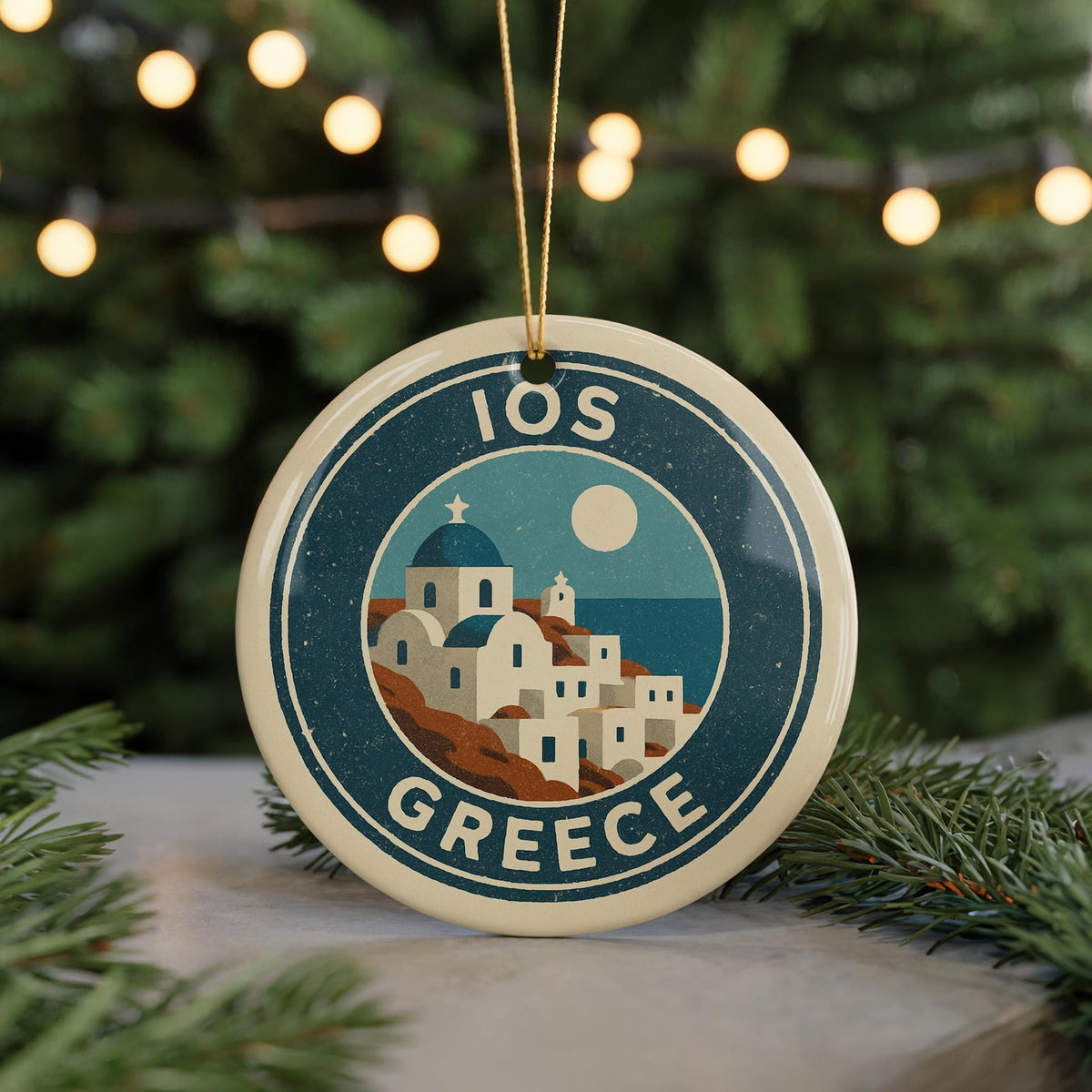 Ios Greece Ceramic Ornament – Circular Stamp Style Travel Souvenir, Greek Island Keepsake, Holiday Gift Decor — photo 5
