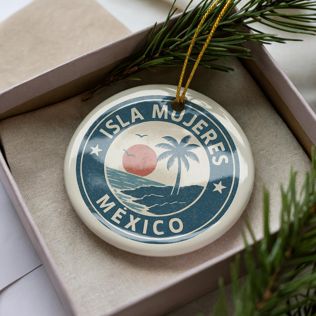 Isla Mujeres Mexico Ornament – Circular Stamp Style Ceramic Keepsake, Beach Travel Souvenir, Handcrafted Holiday Decor — photo 1