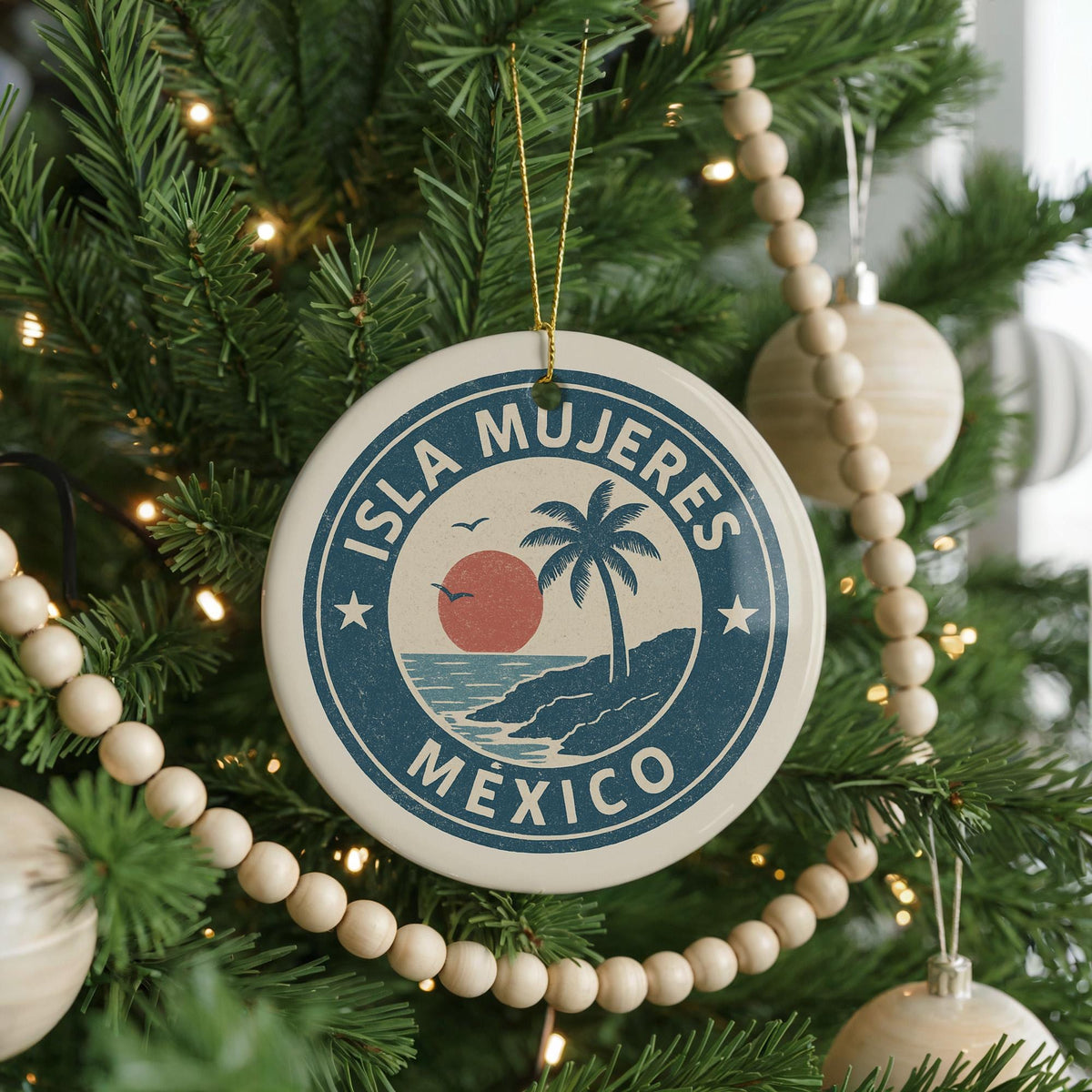 Isla Mujeres Mexico Ornament – Circular Stamp Style Ceramic Keepsake, Beach Travel Souvenir, Handcrafted Holiday Decor — photo 2