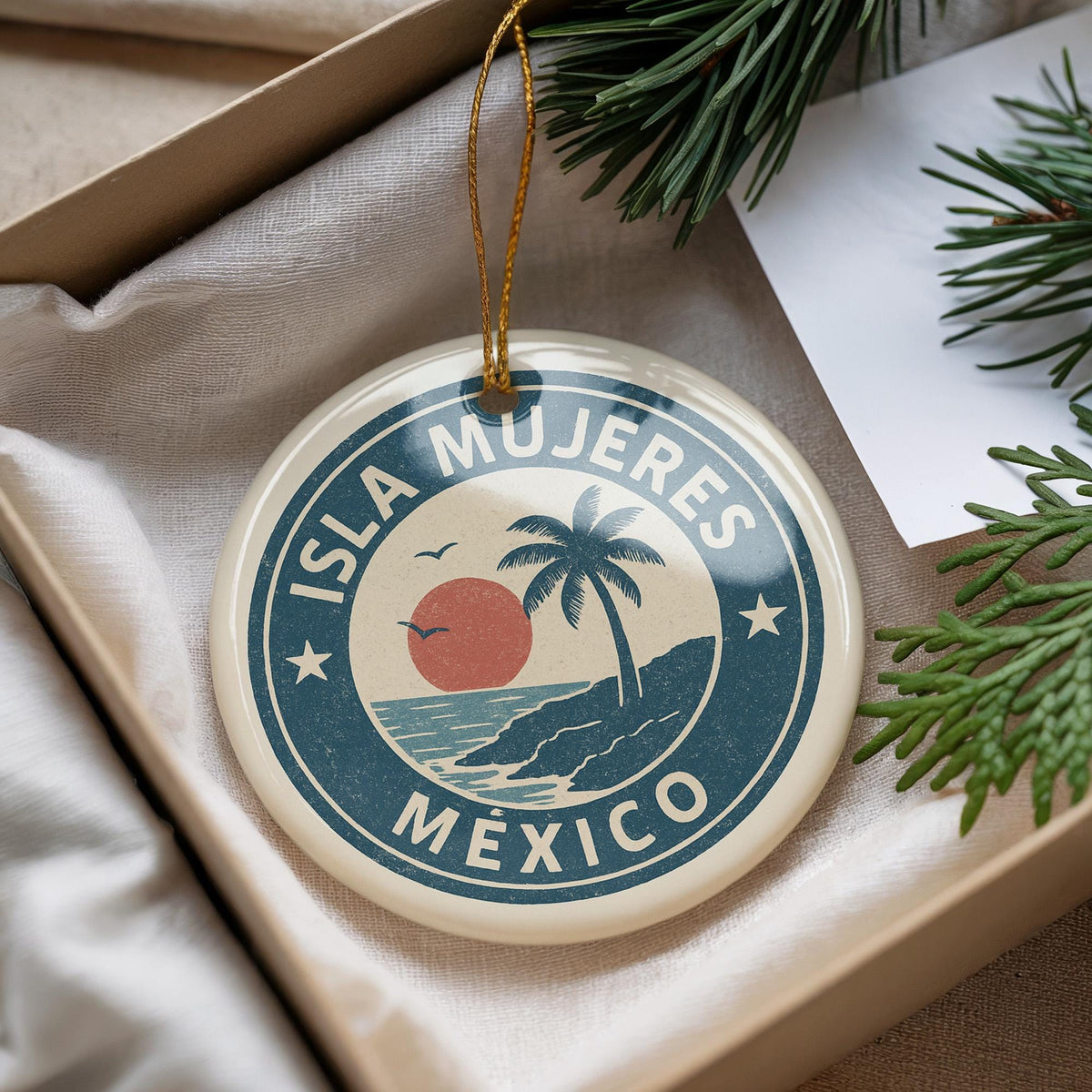 Isla Mujeres Mexico Ornament – Circular Stamp Style Ceramic Keepsake, Beach Travel Souvenir, Handcrafted Holiday Decor — photo 4