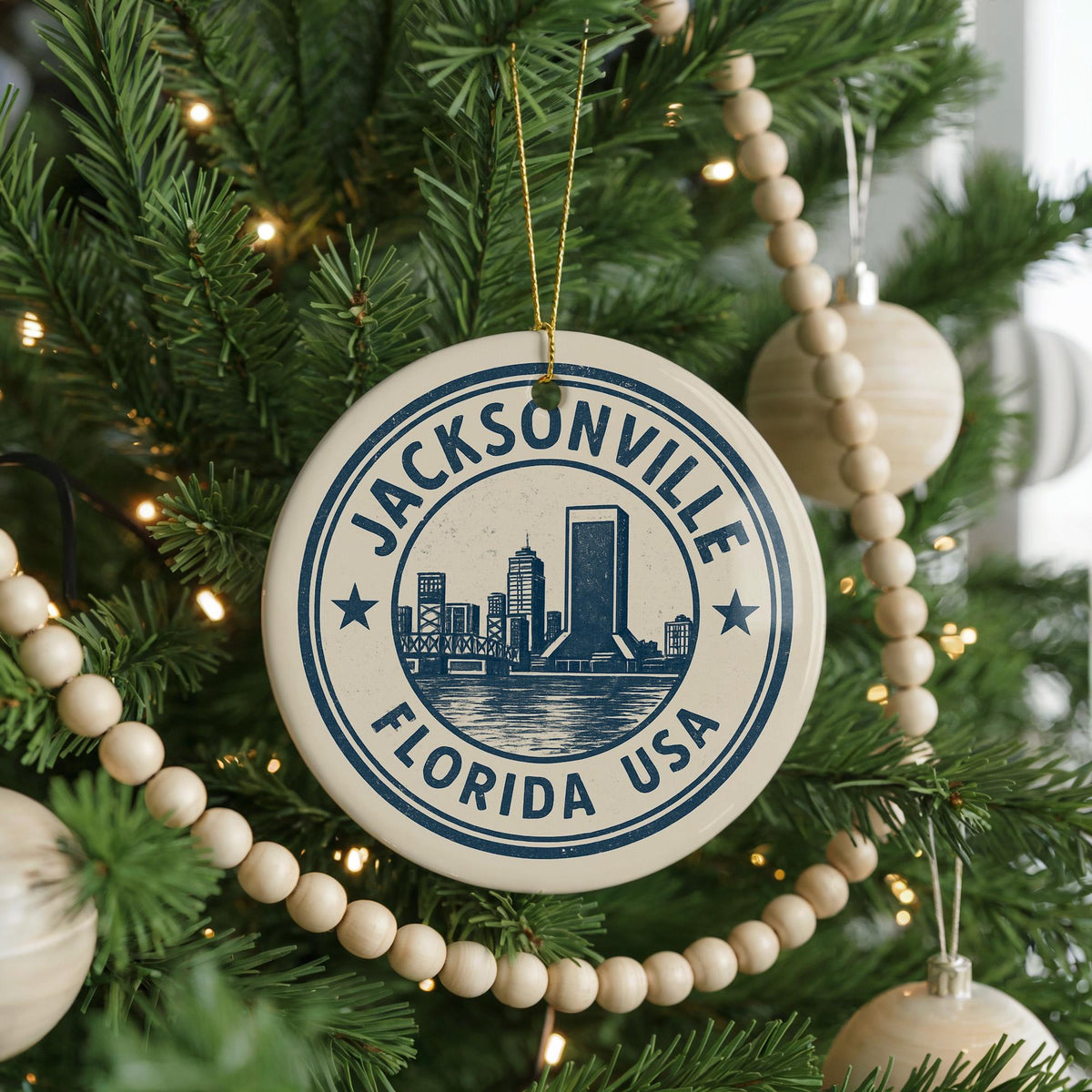 Jacksonville Florida Ceramic Ornament – Circular Stamp Style City Souvenir, Travel Gift, FL Christmas Tree Decoration — photo 2