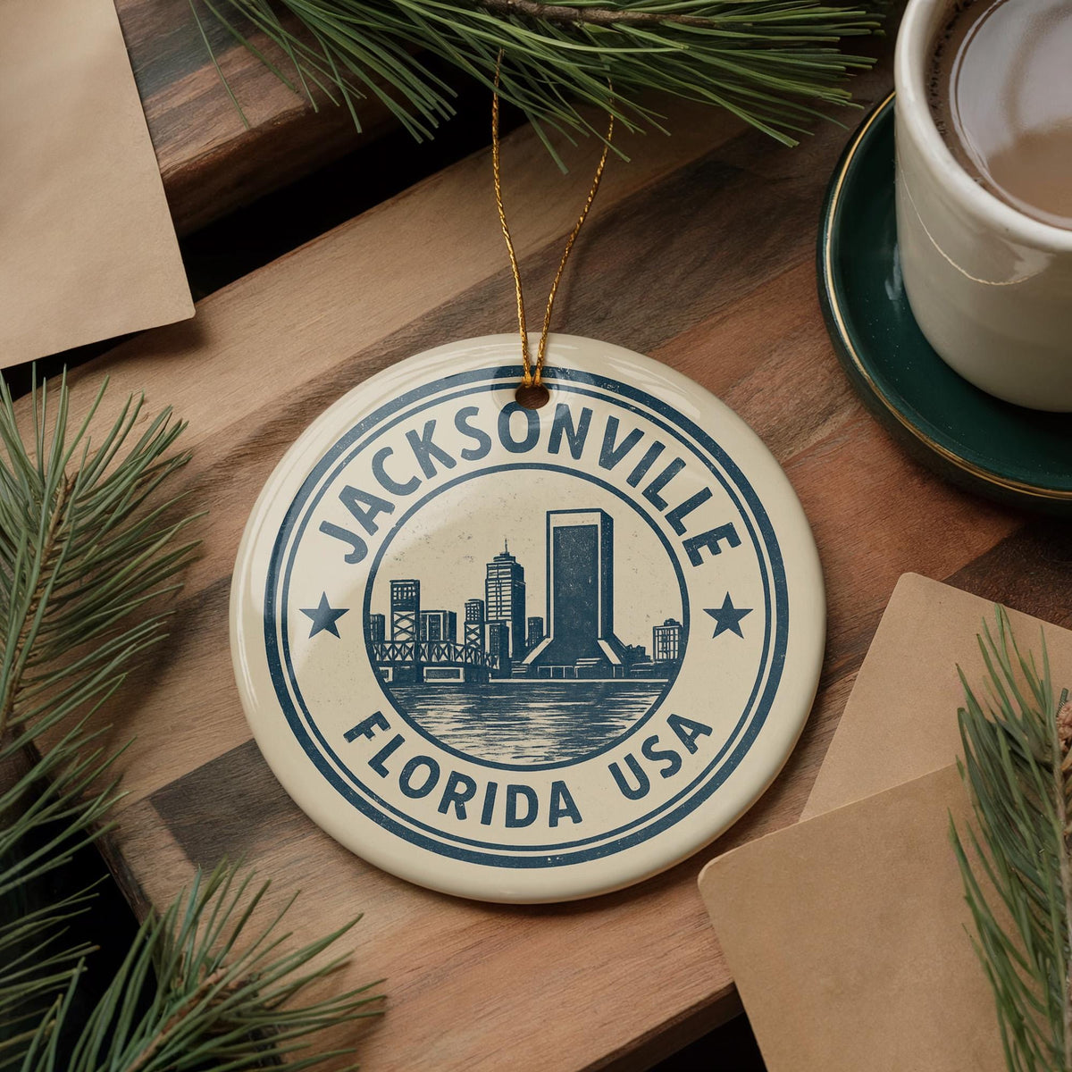 Jacksonville Florida Ceramic Ornament – Circular Stamp Style City Souvenir, Travel Gift, FL Christmas Tree Decoration — photo 3