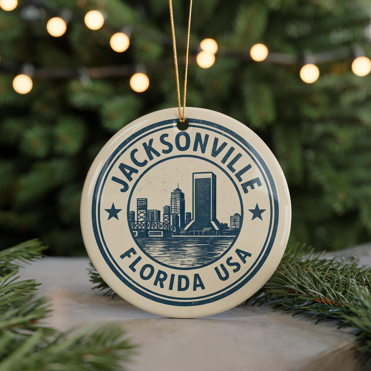 Jacksonville Florida Ceramic Ornament – Circular Stamp Style City Souvenir, Travel Gift, FL Christmas Tree Decoration — photo 5