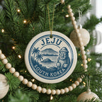 Jeju South Korea Ceramic Ornament – Circular Stamp Style Travel Souvenir, Korean Island Keepsake, Rustic Holiday Decor — photo 1