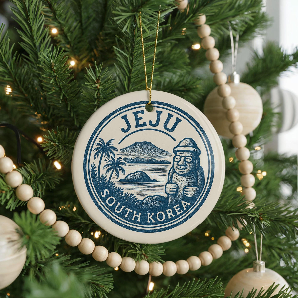 Jeju South Korea Ceramic Ornament – Circular Stamp Style Travel Souvenir, Korean Island Keepsake, Rustic Holiday Decor — photo 1