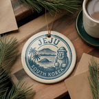 Jeju South Korea Ceramic Ornament – Circular Stamp Style Travel Souvenir, Korean Island Keepsake, Rustic Holiday Decor — photo 2