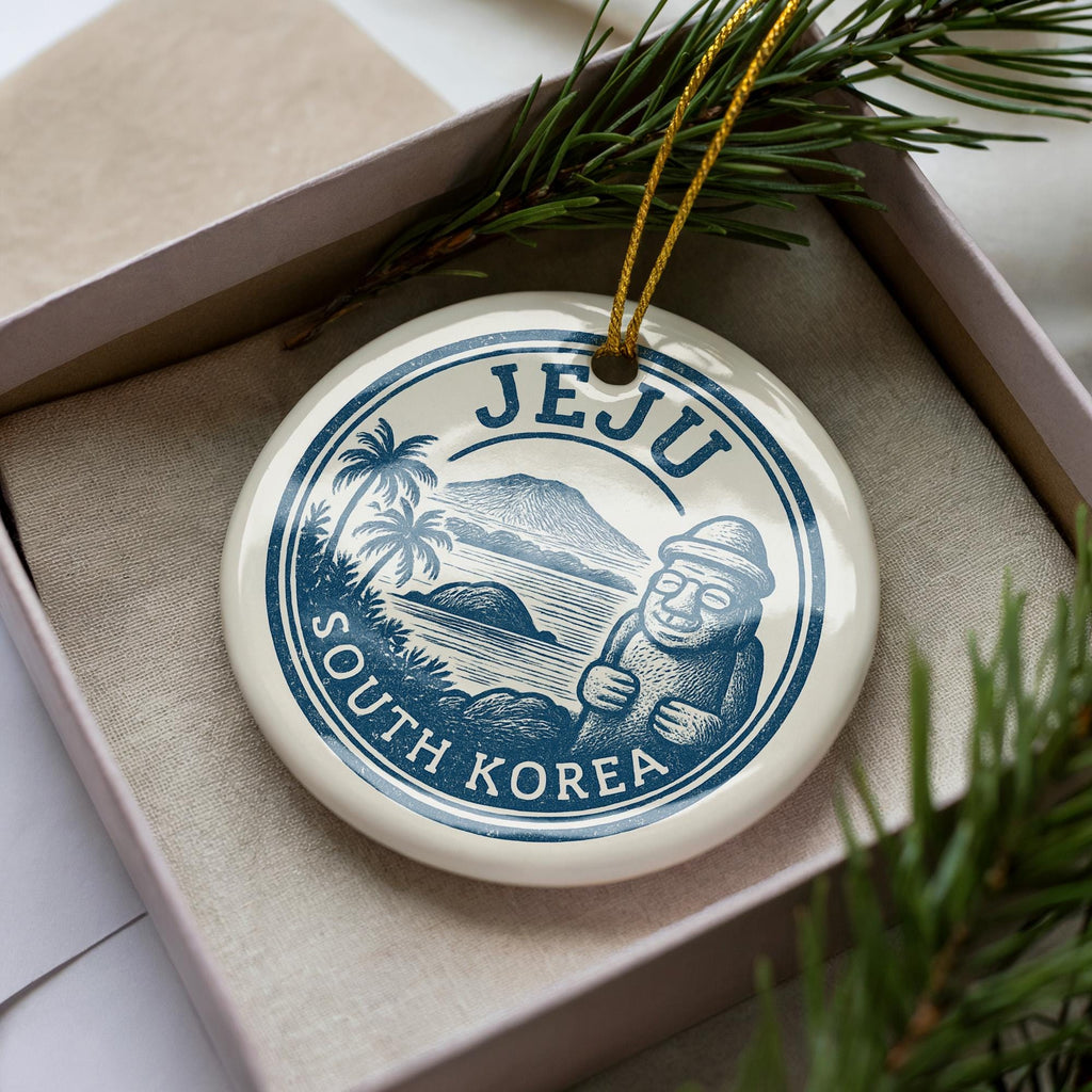 Jeju South Korea Ceramic Ornament – Circular Stamp Style Travel Souvenir, Korean Island Keepsake, Rustic Holiday Decor — photo 3