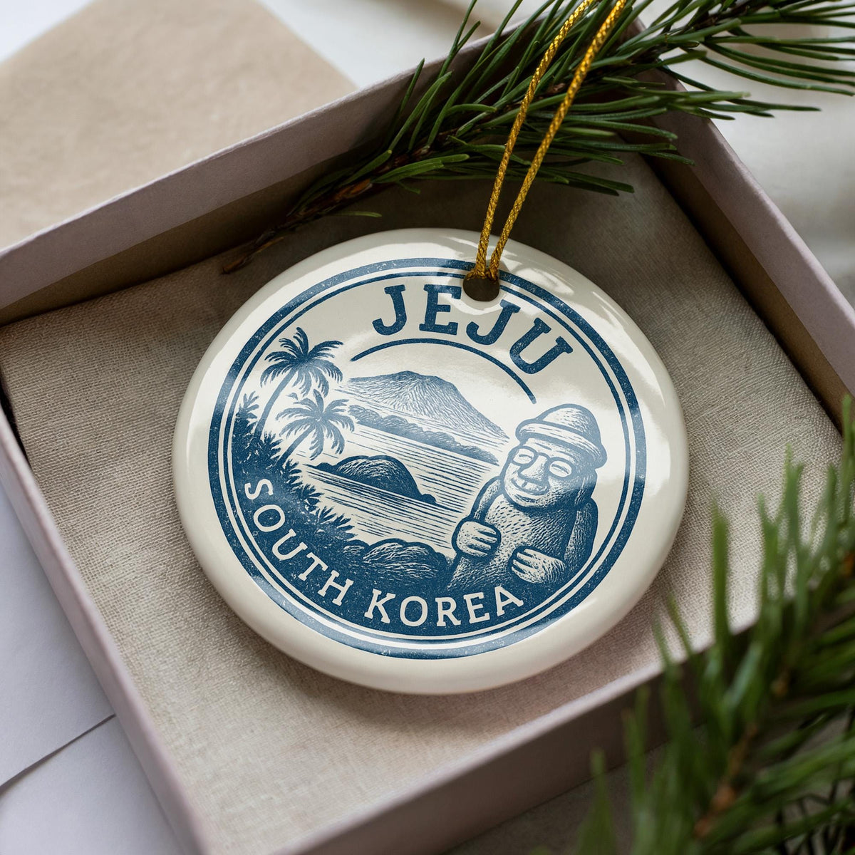 Jeju South Korea Ceramic Ornament – Circular Stamp Style Travel Souvenir, Korean Island Keepsake, Rustic Holiday Decor — photo 3