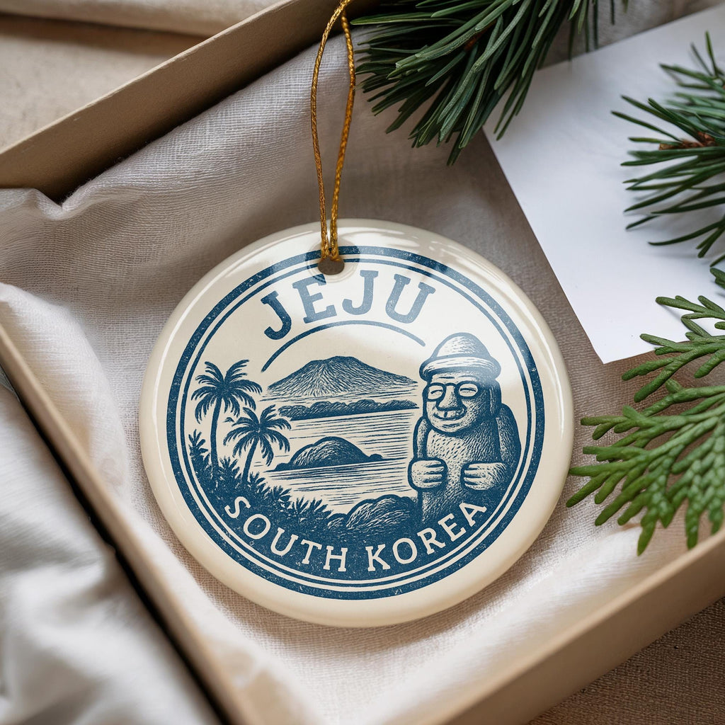 Jeju South Korea Ceramic Ornament – Circular Stamp Style Travel Souvenir, Korean Island Keepsake, Rustic Holiday Decor — photo 4